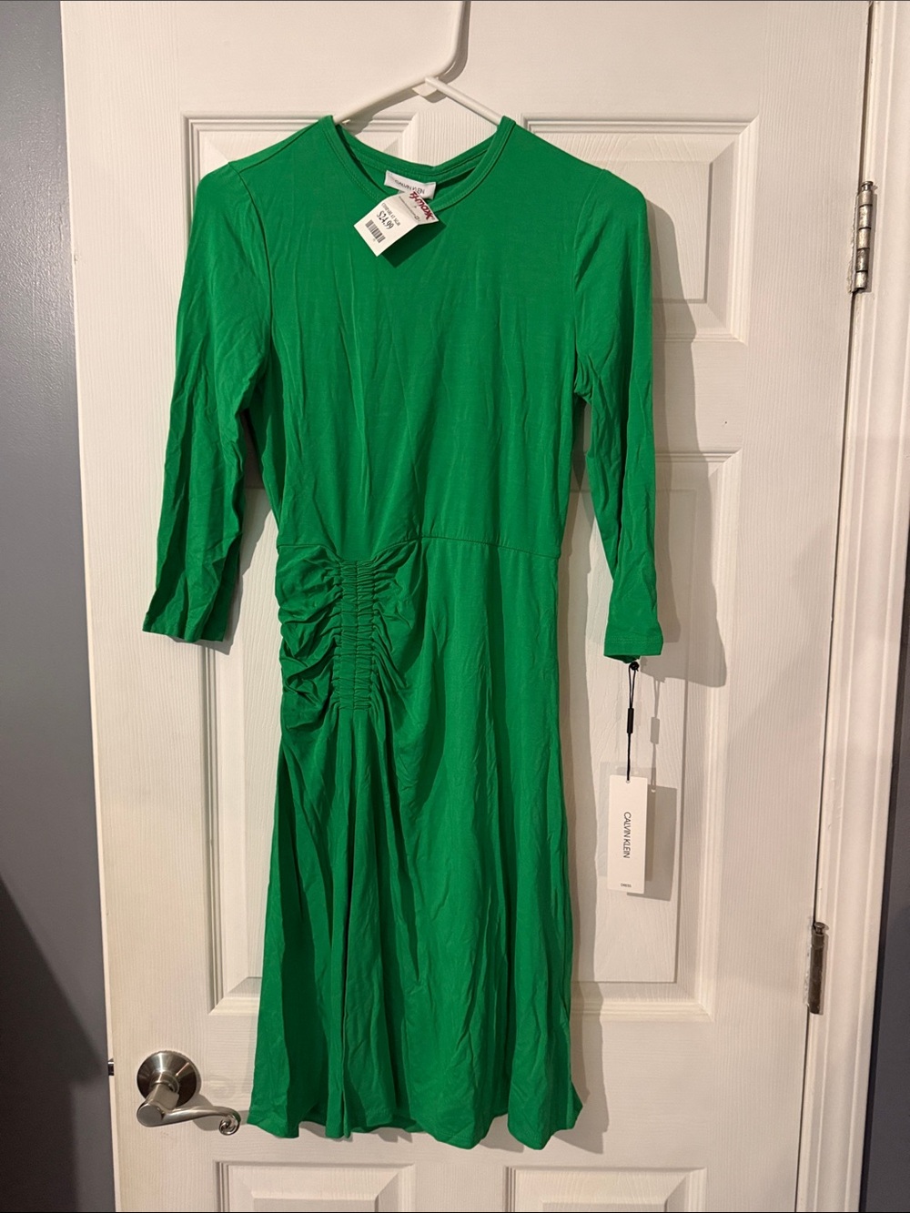 Calvin Klein Emerald Green Long-Sleeve Ruched Midi Dress